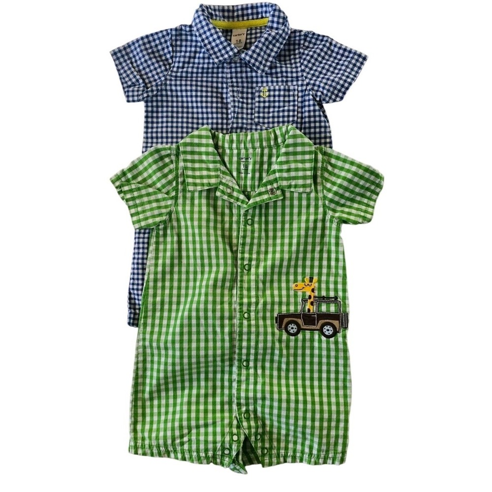 Set of‎ 2 Carter's Blue & GREEN  Gingham Romper Infant Boy size 18 months #081